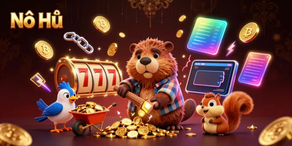 Nổ Hũ soaring above golden coins with a lively casino theme, showcasing slots and jackpot excitement.