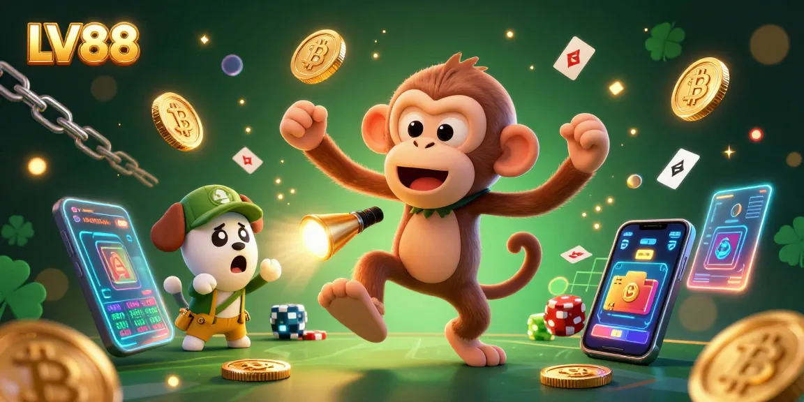 Experience the excitement at LV88 as a mischievous poltergeist monkey juggles golden casino treasures amidst a haunted backdrop.