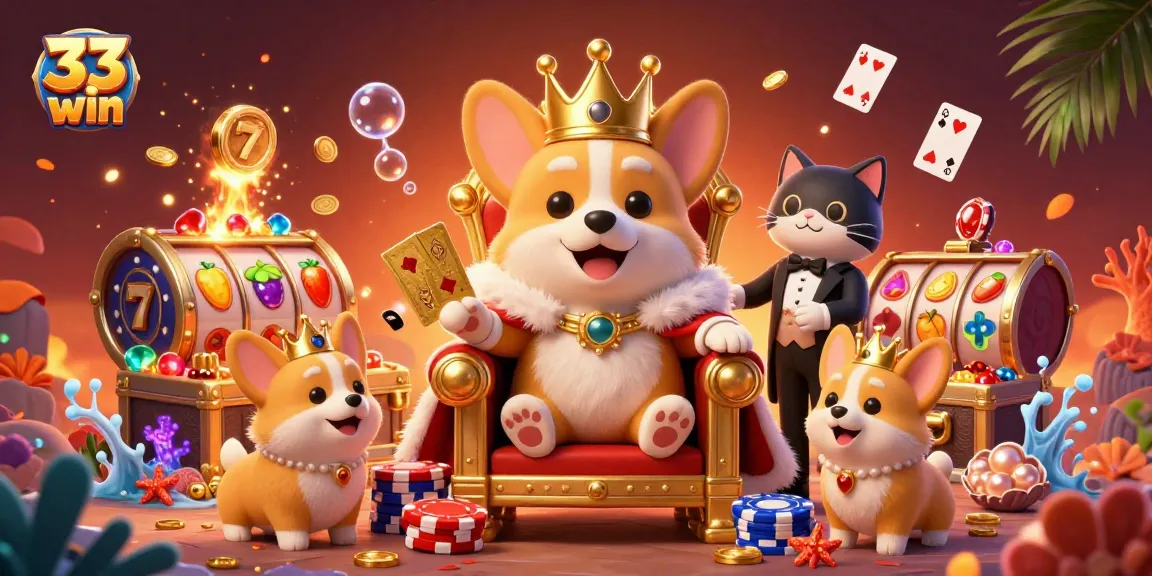 33 win showcases a vibrant scene of a royal corgi on poker chips with slot reels and colorful game elements.