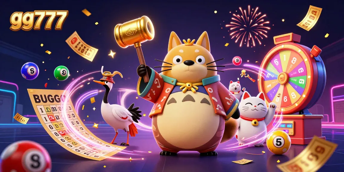 Win big with gg777 in this exciting 3D casino illustration showcasing dynamic gaming elements and festive characters.