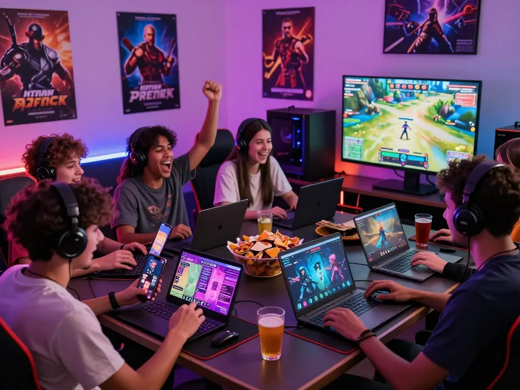 Exciting players immersed in interactive html porn games across devices in a colorful gaming environment.