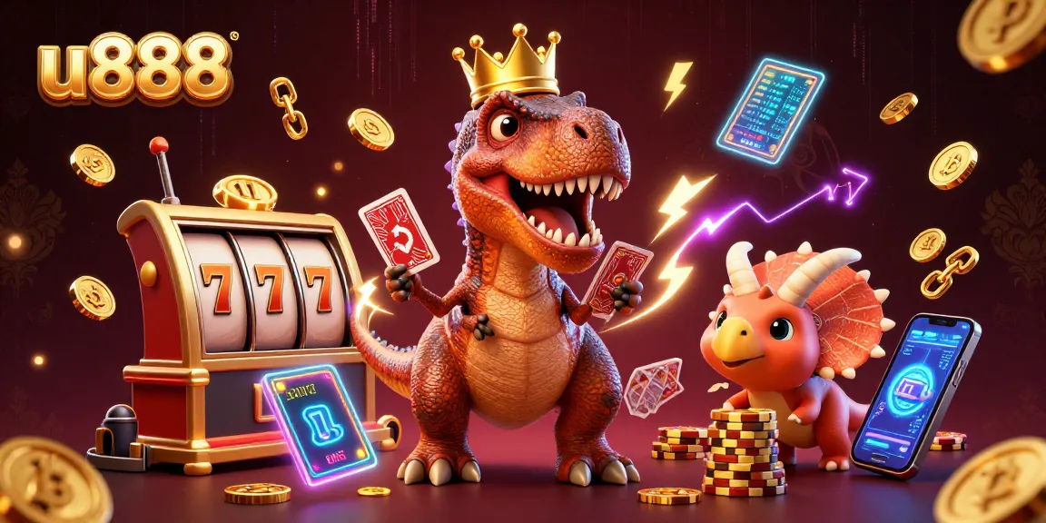u888 features a T-Rex dealing cards while a pterodactyl assists, showcasing thrilling slot games.
