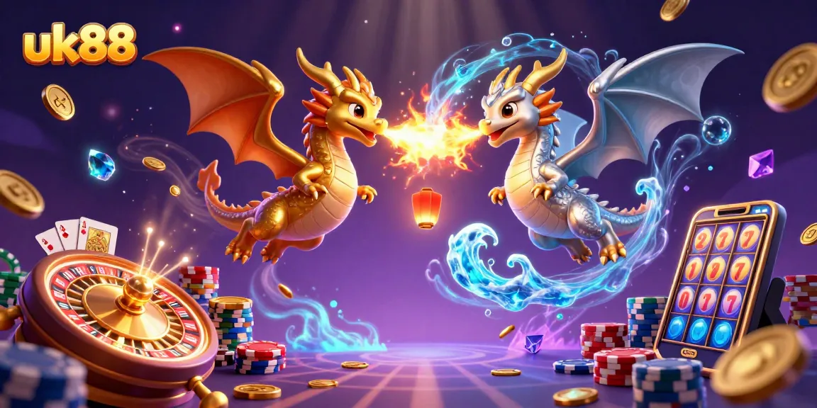 Experience thrilling gameplay with uk88's dynamic scene featuring dragons and casino symbols.