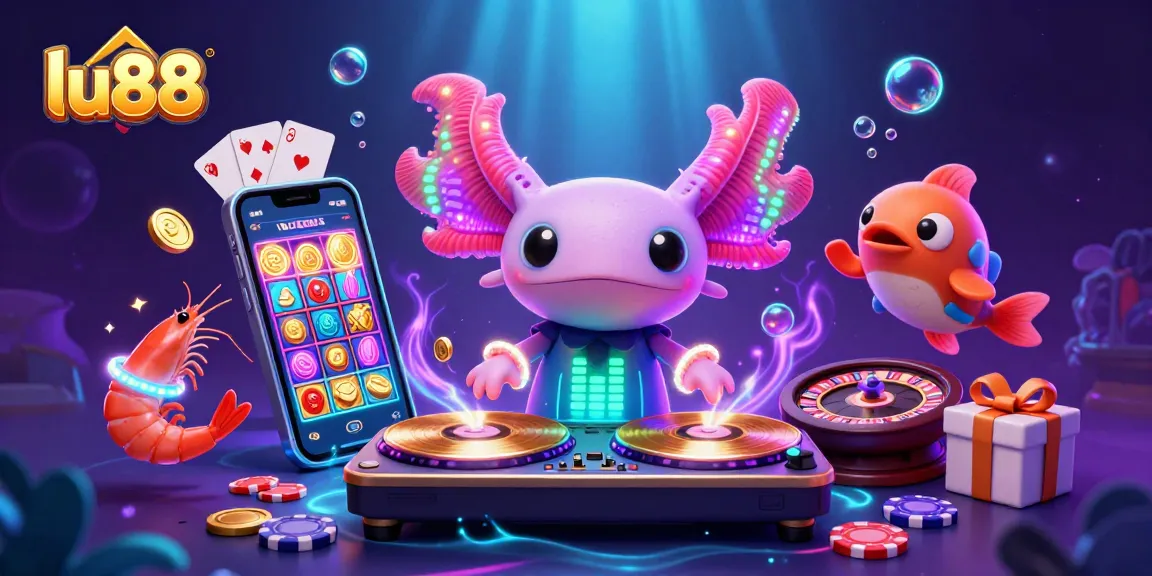 Experience the vibrant world of lu88 with a DJ axolotl and energetic sea creatures in this casino-themed digital illustration.