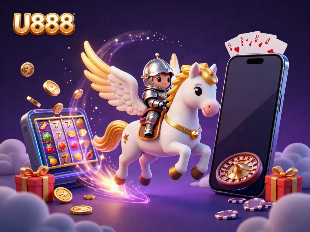 Experience U888 gaming excitement with a celestial horse, armored knight, and vibrant slot elements.