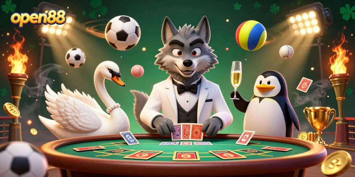 Join the excitement of open88 with a vibrant casino scene featuring lively characters and sports elements.