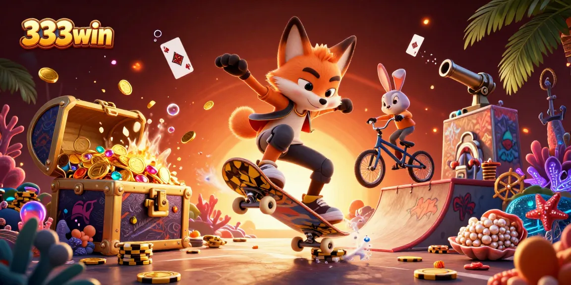 Catch thrilling action in 333win with cartoon characters amidst treasure in a vibrant casino scene