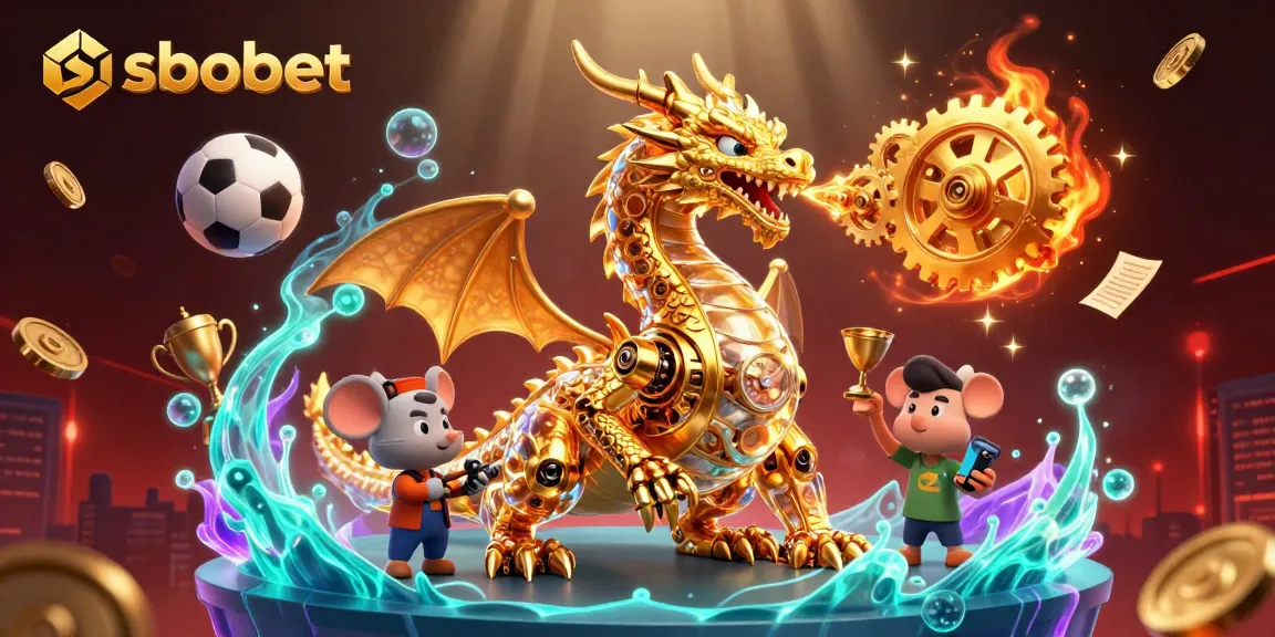 SBOBET betting action with a biomechanical dragon, showcasing sports elements, odds, and vibrant fireworks