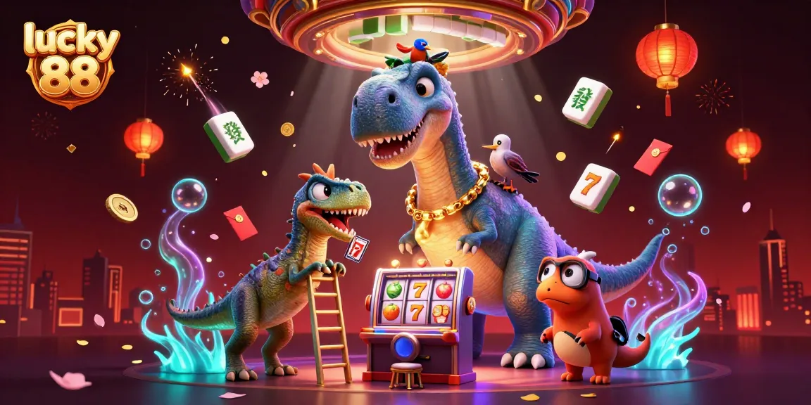 Experience the excitement of lucky 88 with giant casino characters in action, surrounded by vibrant games.