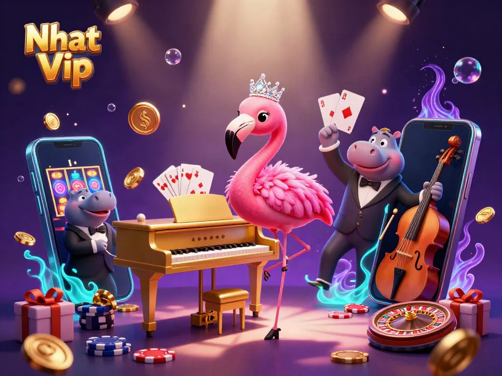 Play slots and win big at Nhat Vip with our vibrant casino-themed illustration.