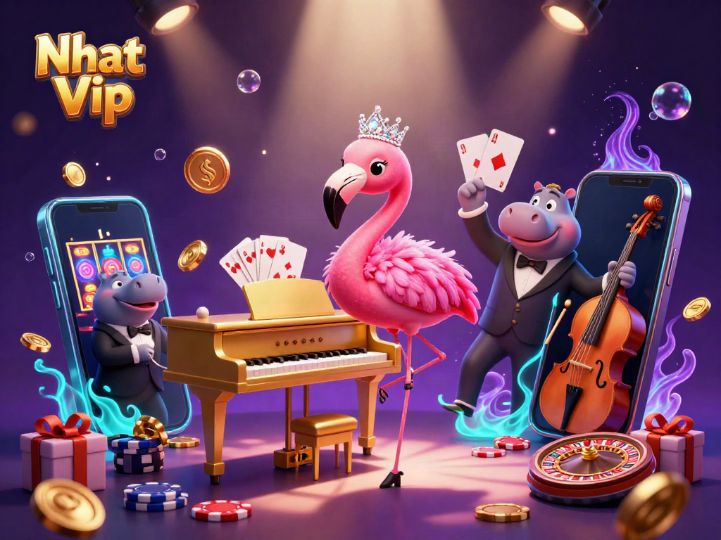 Play slots and win big at Nhat Vip with our vibrant casino-themed illustration.