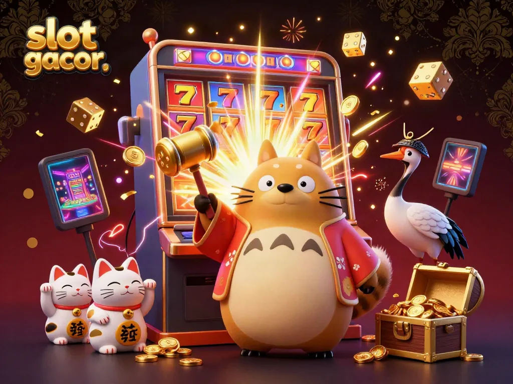 Engage with the vibrant scene showcasing slot gacor featuring a cheerful tanuki and a slot machine bursting with jackpots.