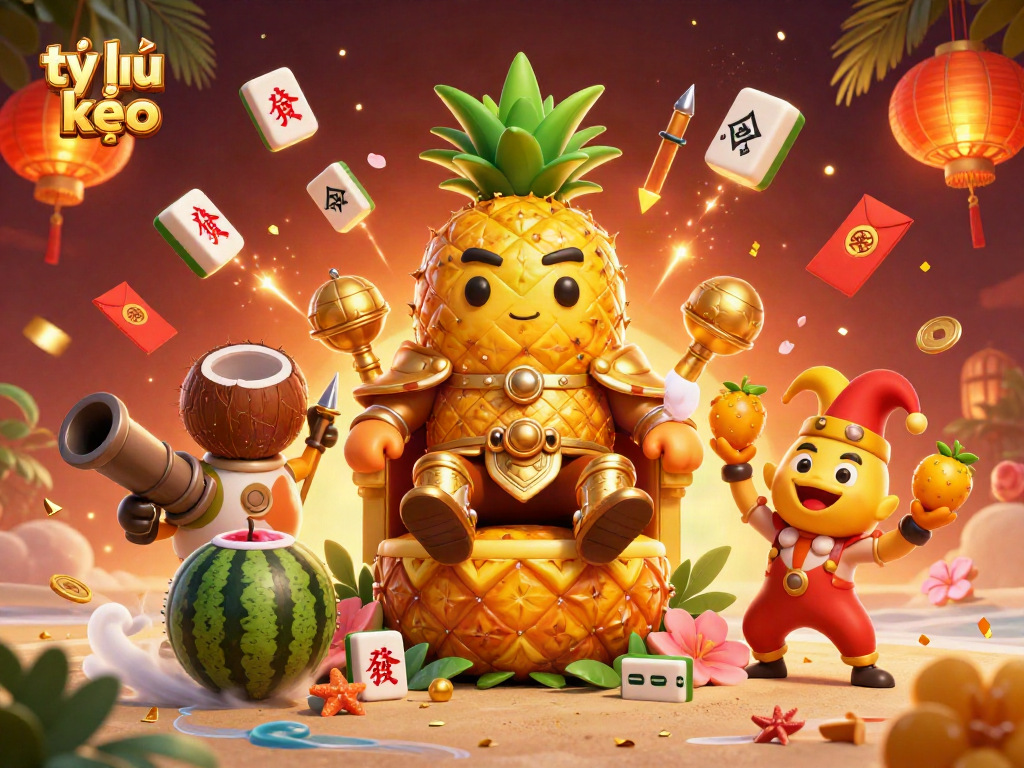 Experience thrilling tỷ lệ kèo excitement with a vibrant beach casino scene featuring a lively golden pineapple king and dynamic characters.