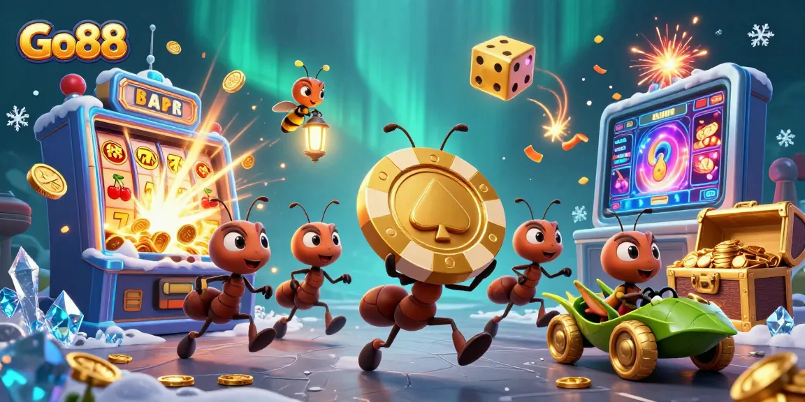 Engage with Go88 as ants heist with golden poker chips through a dynamic casino scene.