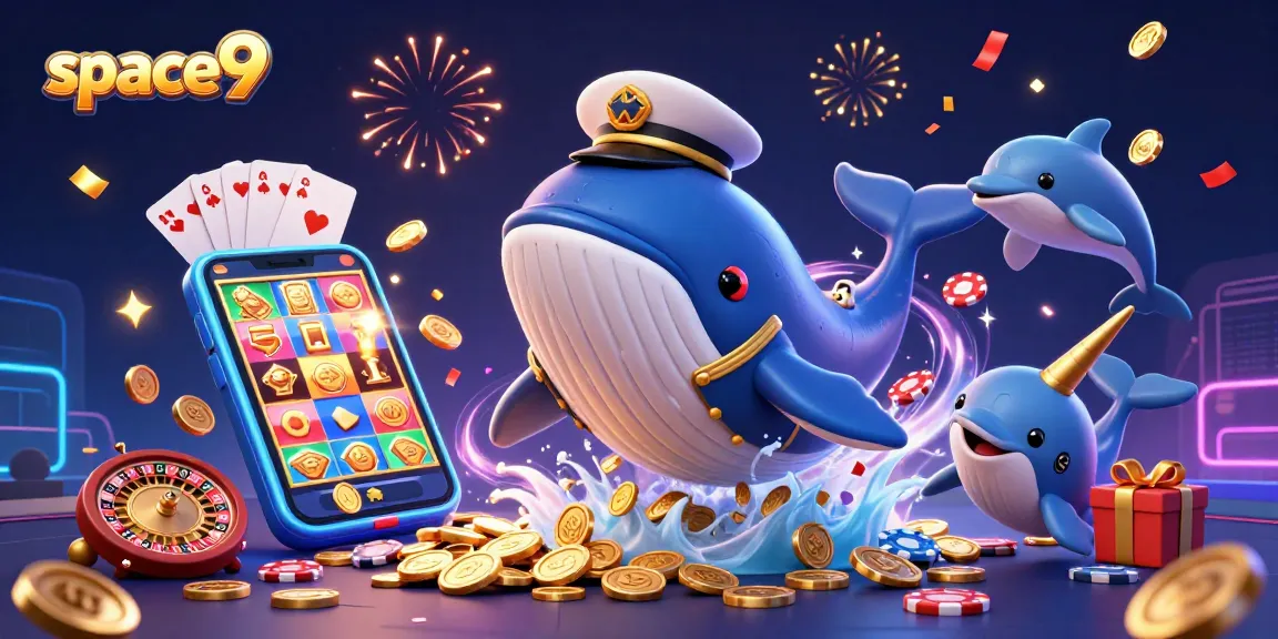 space9 casino features a whimsical whale and colorful characters celebrating gaming wins with vibrant visuals.