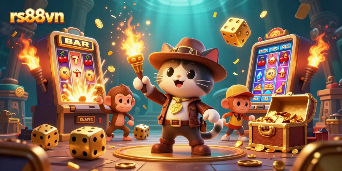Experience the excitement of rs88vn with a dynamic illustration of a cat explorer discovering golden casino treasures.