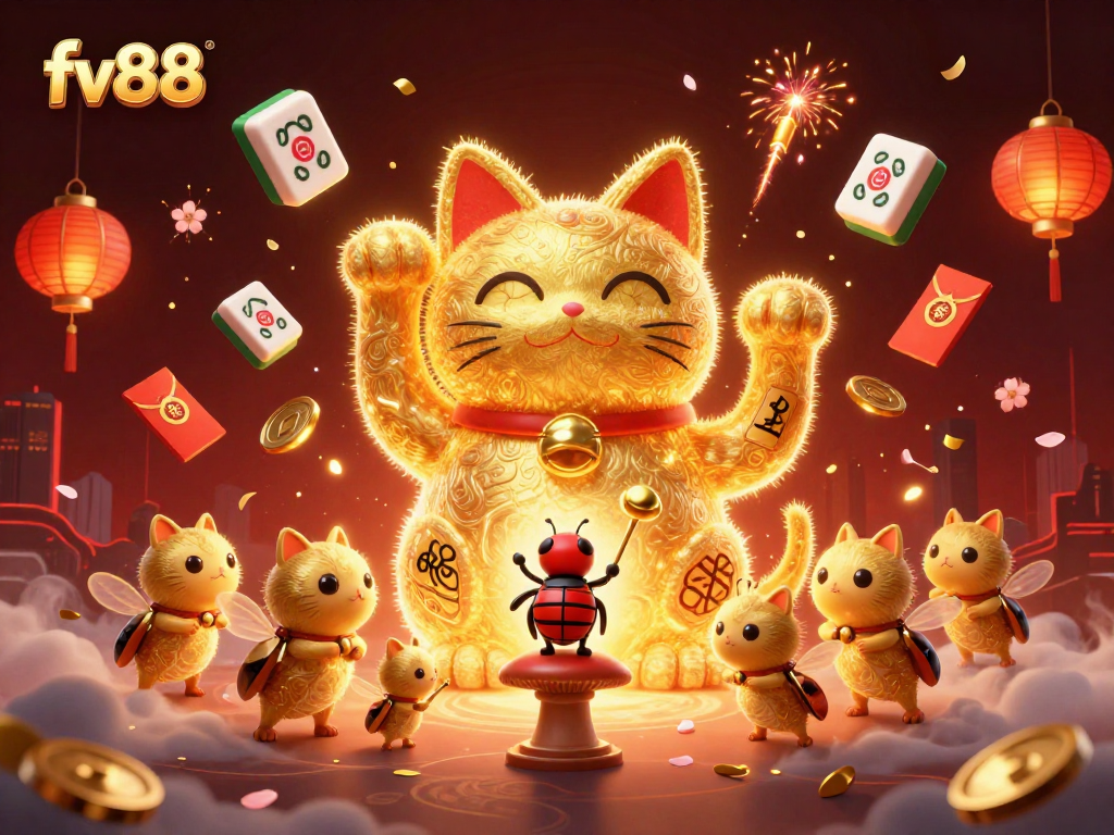 Experience thrilling online gaming with fv88's golden lucky cat and vibrant casino symbols.