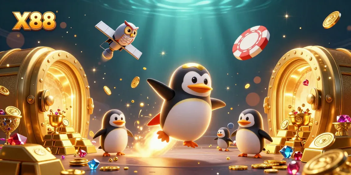 X88 penguin character racing towards a casino space station, surrounded by riches and light effects.