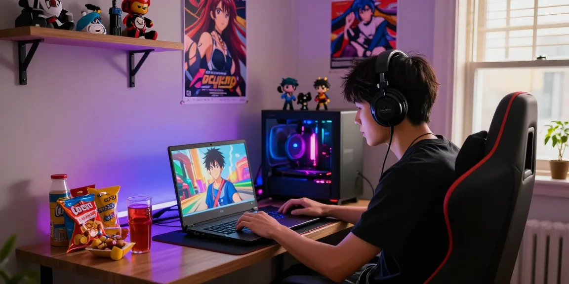 Gamer enjoying an ecchi simulator in a colorful gaming room, featuring LED lights and anime decor.