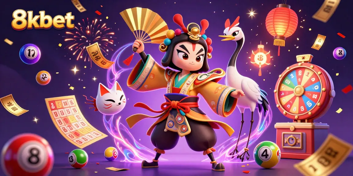 Engage with 8xbet's colorful lottery experience featuring kabuki and kitsune characters.