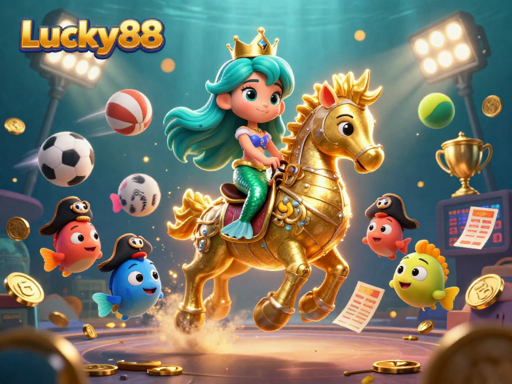 Experience the excitement of Lucky88 with vibrant characters and dynamic sports elements in an underwater realm.