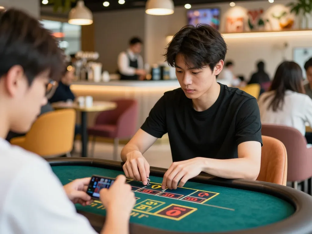 Engaged player participating in taixiuonline at a lively café setting, focusing on live dealer game action.