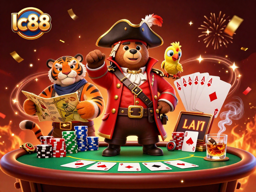 Engage with lc88's thrilling casino experience through a vibrant illustration featuring a pirate captain and a fierce tiger.