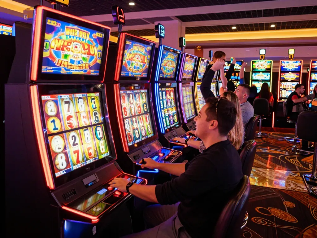 Players winning at hwg500 slot machines, experiencing thrill and excitement in a bustling casino.