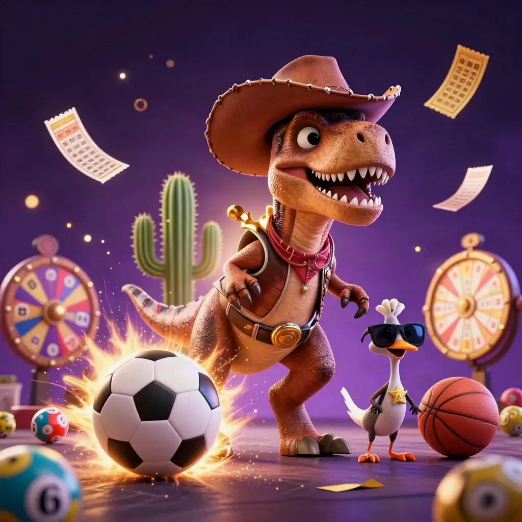 Cowboy T-Rex, cactus and roadrunner amid casino balls, wheel, and sports props