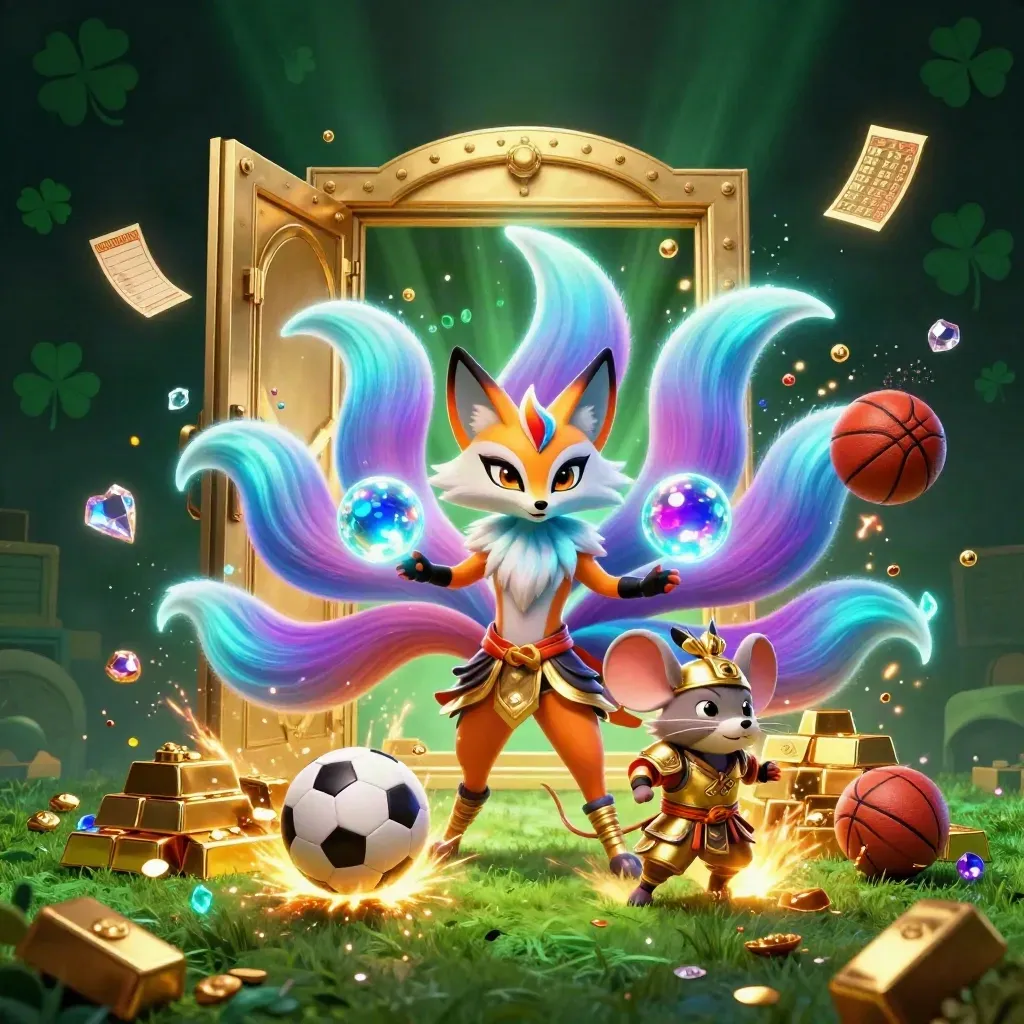 Nine-tailed fox spirit and armored mouse amid flying gold, sports balls, and neon casino treasure.