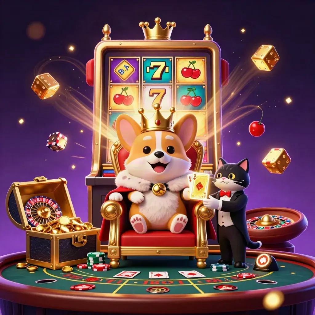 Royal corgi and cat butler amid jackpot bursts, gold, dice, slots, and casino magic.