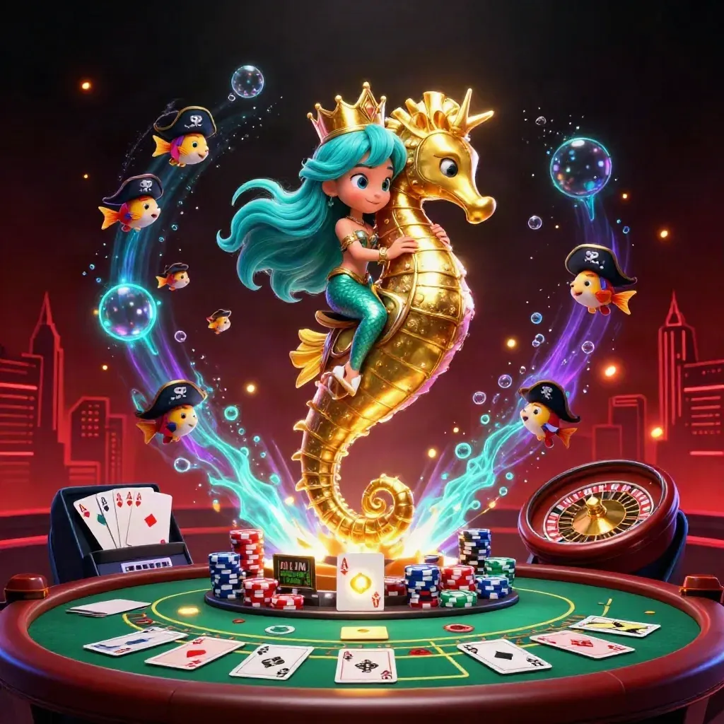 Mermaid princess on a gold seahorse amid casino cards, chips, and neon underwater lights.