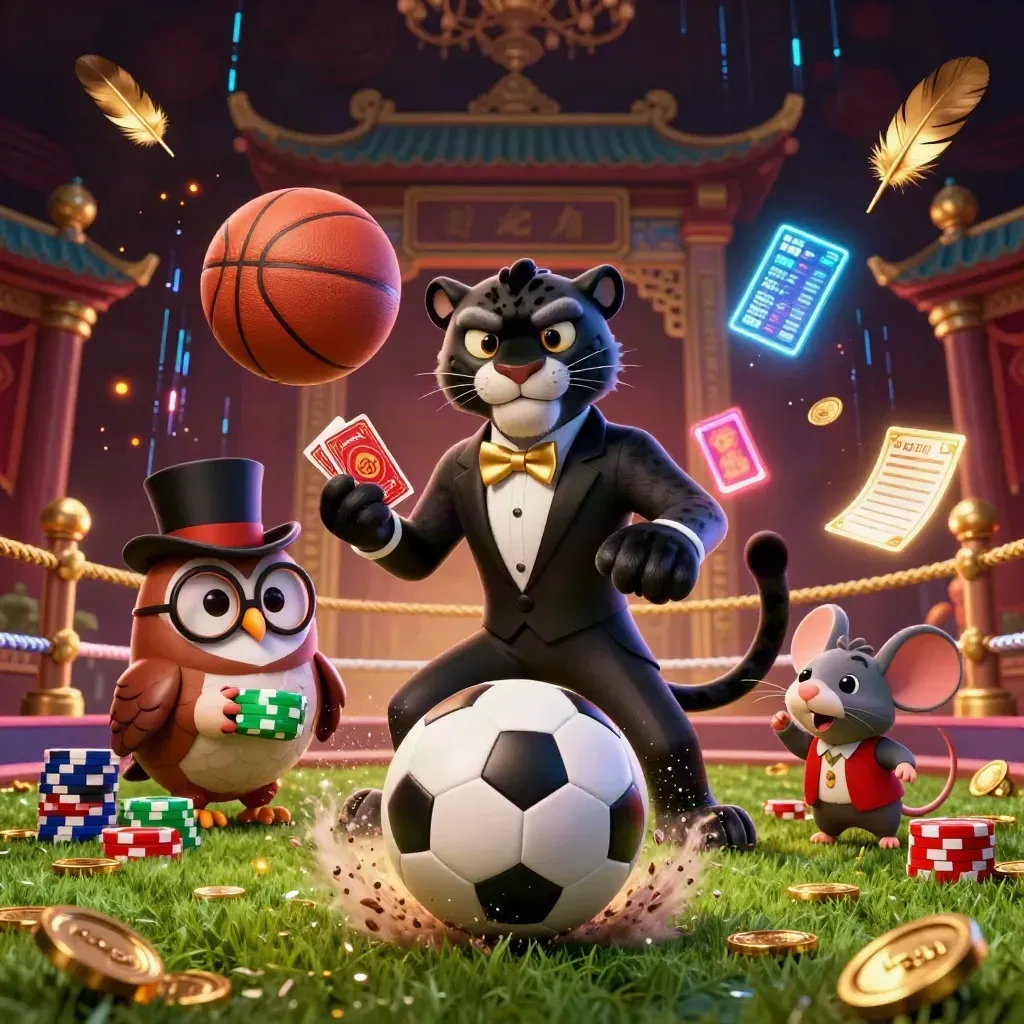 Panther, owl, and mouse amid a flying soccer ball, gold chips, and neon casino lights.