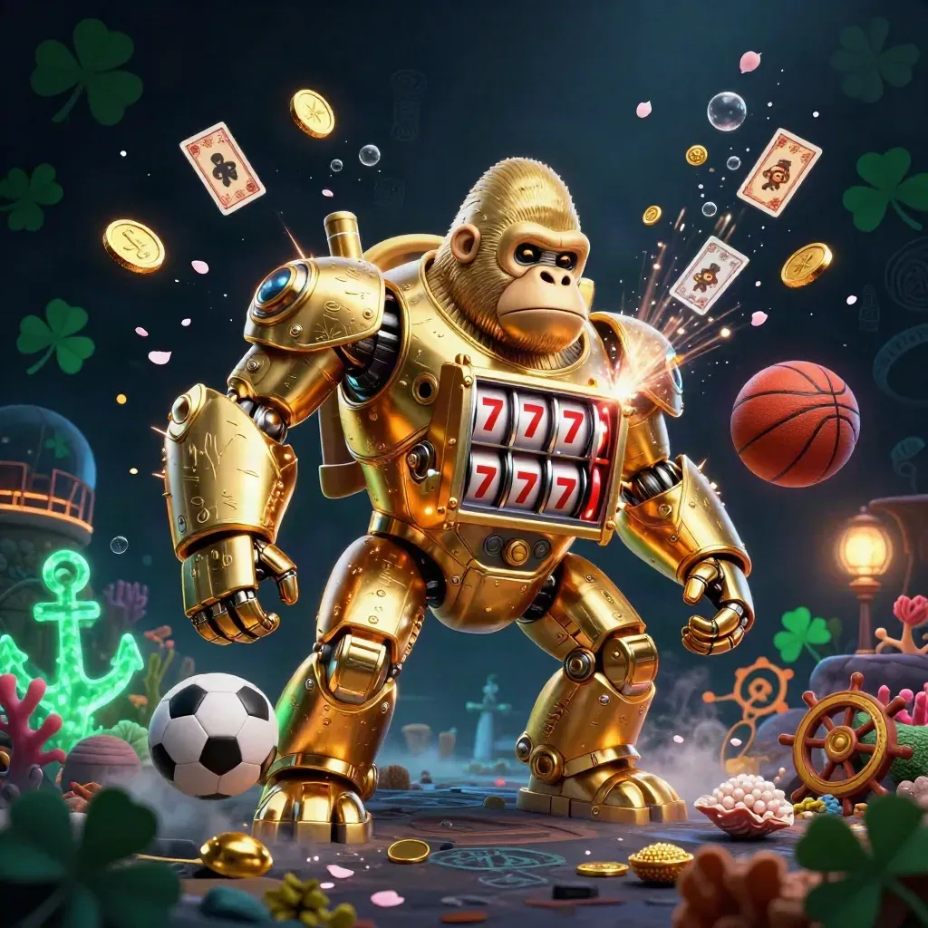 Golden gorilla mech with monkey pilot, soccer ball and treasure burst in neon casino light.