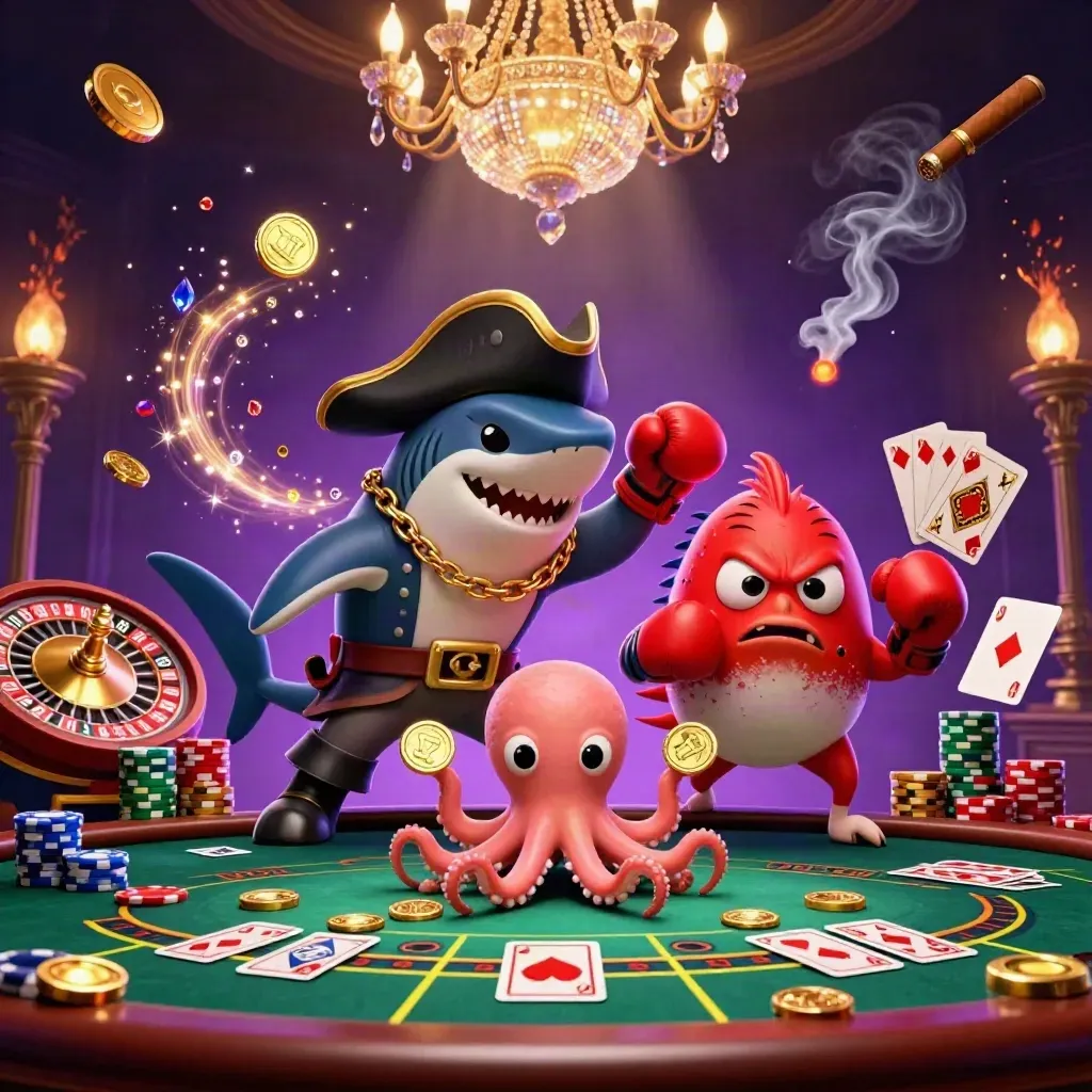 Pirate shark, boxing pufferfish, and juggling octopus amid casino coins, gems, cards, and a spinning wheel.