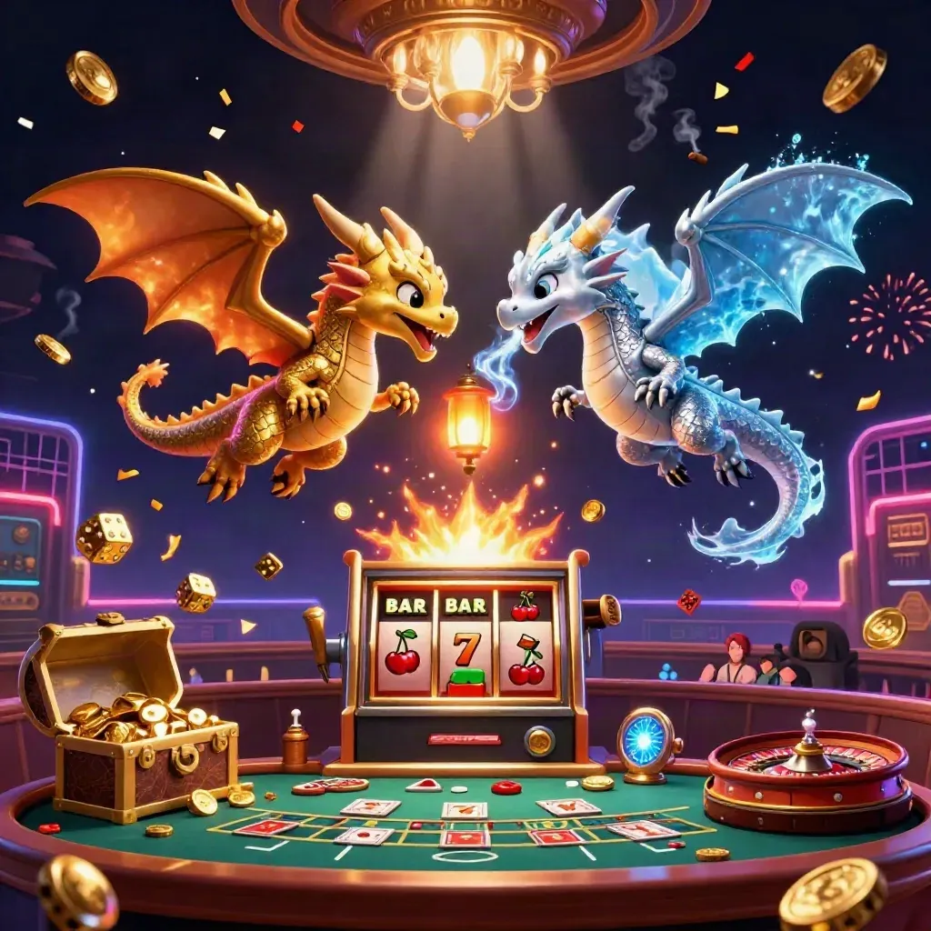 Twin gold and silver dragons swirl above casino icons in a neon luxury room.