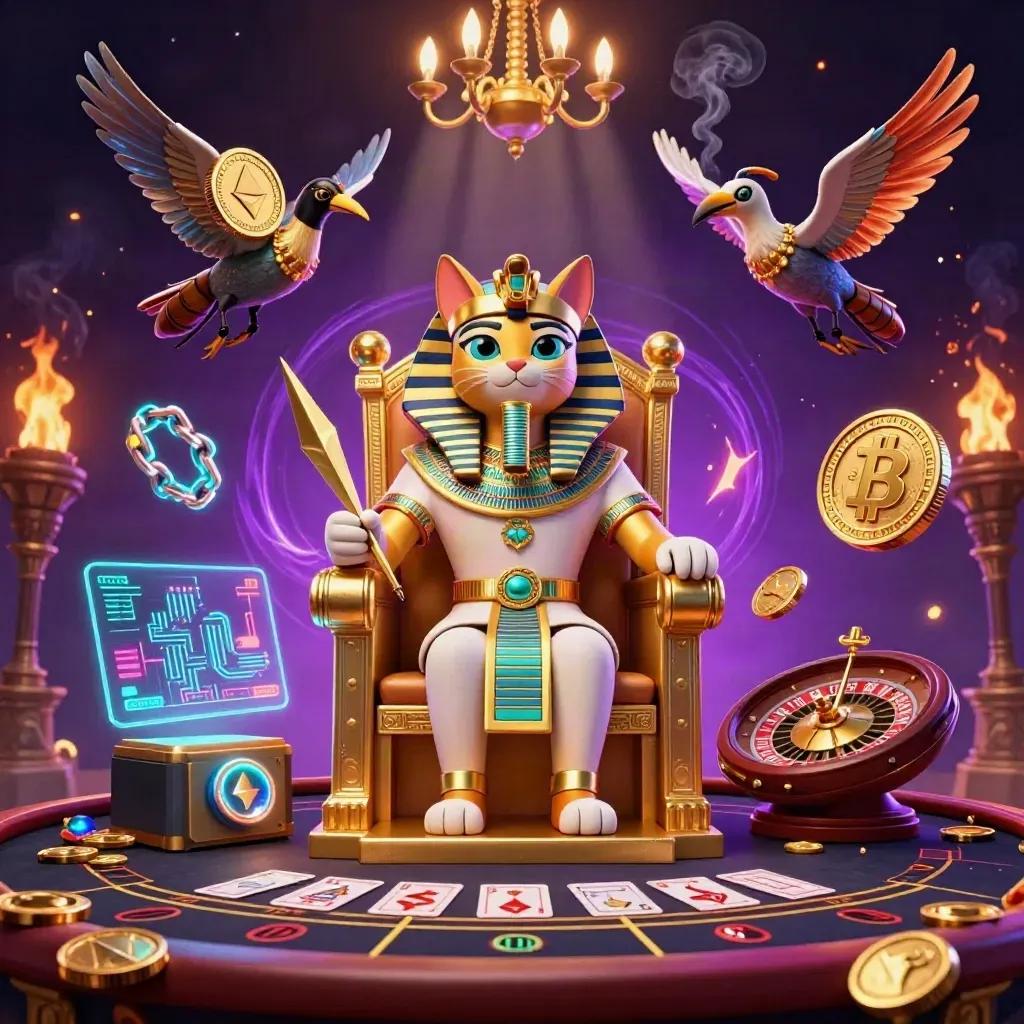 Pharaoh cat and ibis scribe in a glowing casino throne room with gem-winged scarabs