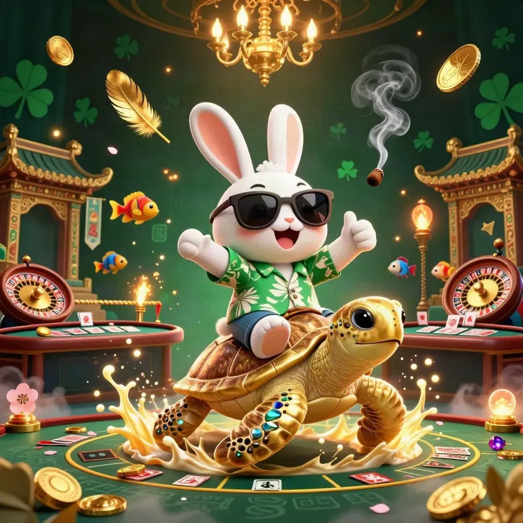 Lucky rabbit on a golden sea turtle in a luxe casino scene with temple, cards, and glowing gold effects.