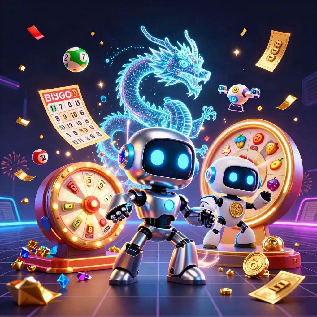 Cyberpunk robot, holographic dragon and coin drone explode with casino effects and treasure