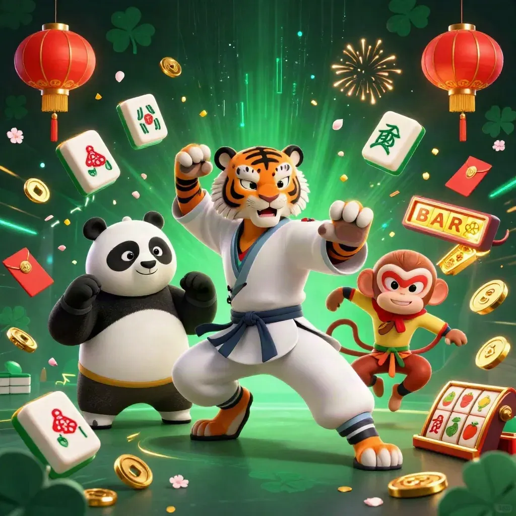 Tiger master, panda disciple, and monkey student amid casino treasures and emerald neon bursts