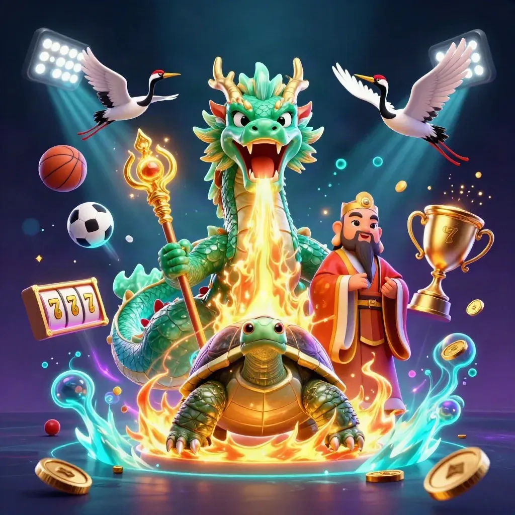 Emerald dragon, turtle sage, and cranes amid gold fire, sports balls, coins, and casino glow.