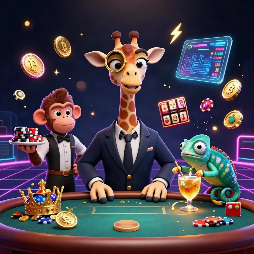 Cartoon giraffe, monkey valet, and chameleon bartender amid casino treasures, coins, and neon effects