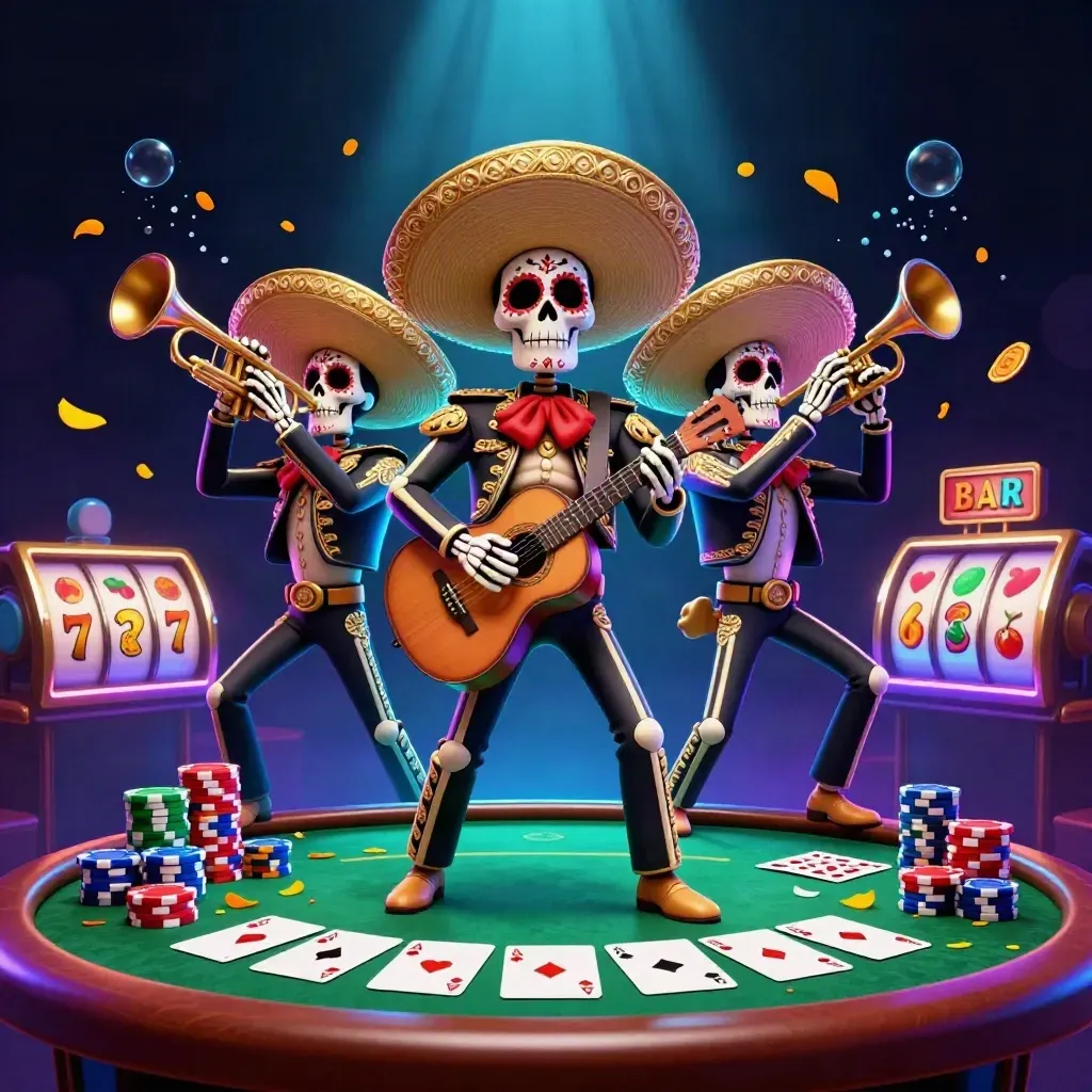 Skeleton mariachi trio amid poker chips, aces, glowing reels, and cyan casino magic.