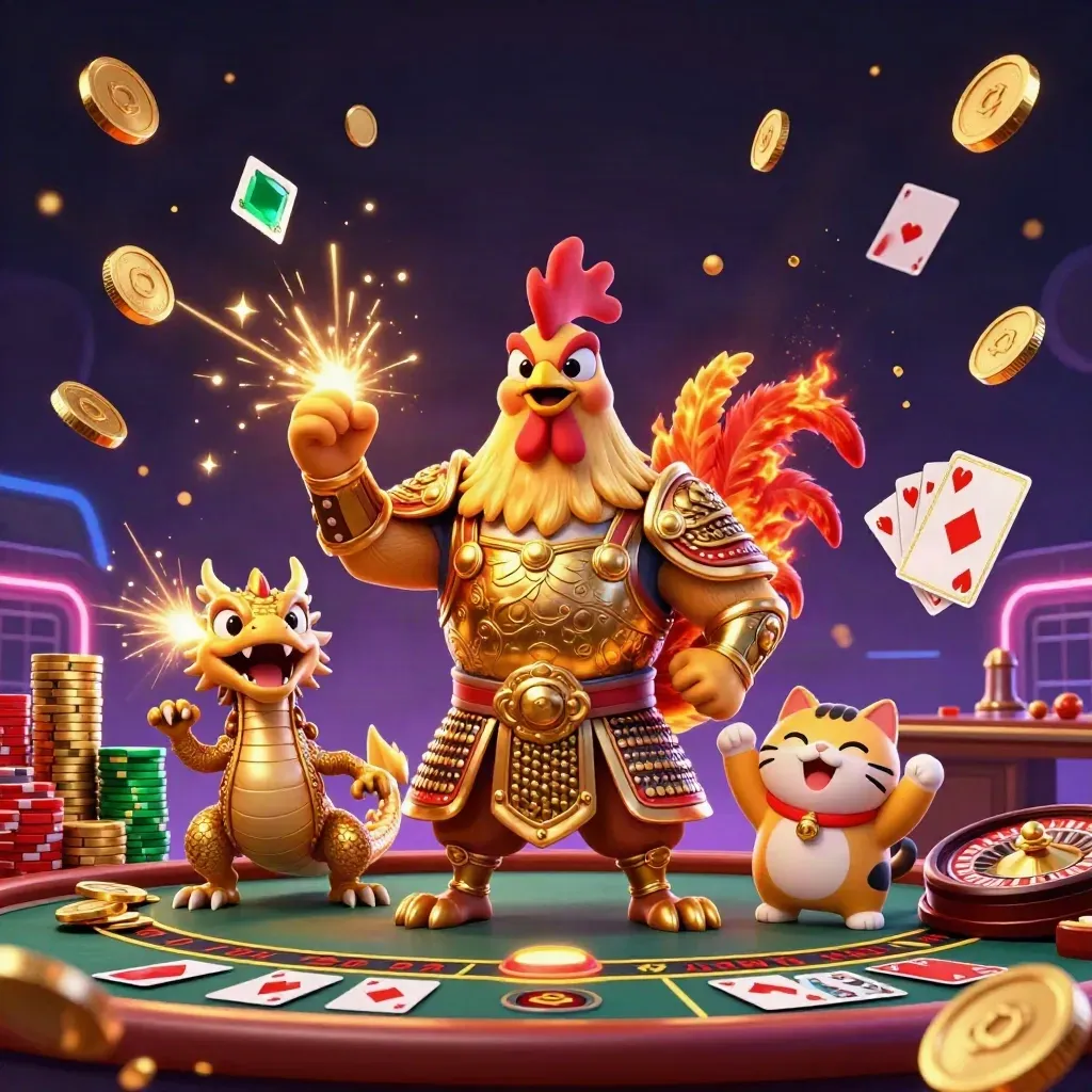 Rooster warrior, spark-breathing dragon hatchling, and lucky cat amid coins, chips, and roulette glow.