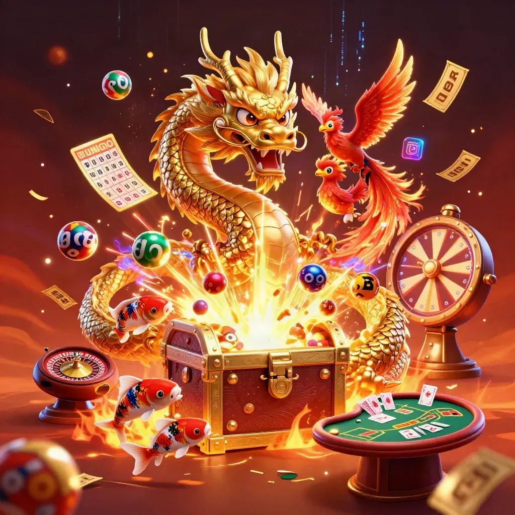 Golden dragon, phoenix, koi, coins, and casino game icons erupting in neon luxury.