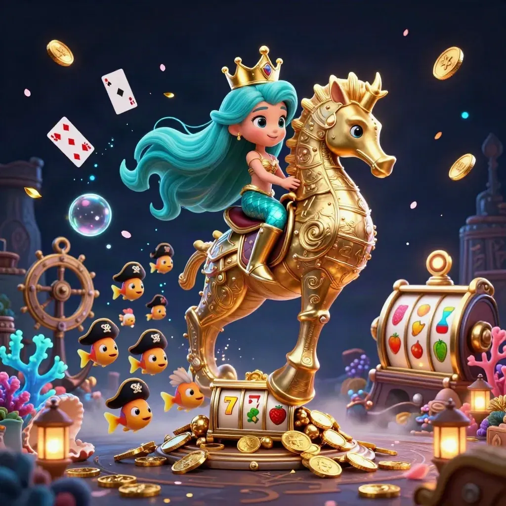 Mermaid princess on a gold seahorse amid treasure-cove casino magic and pirate fish