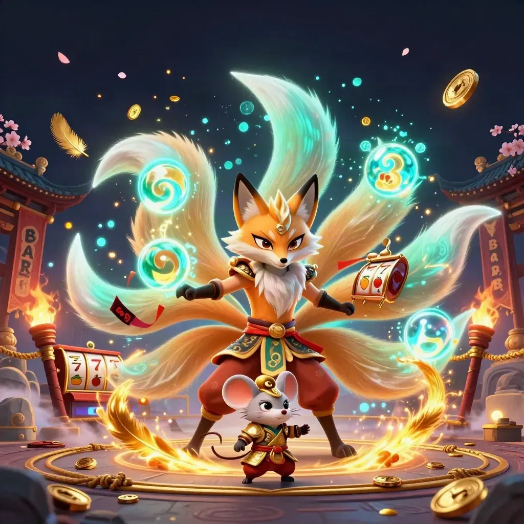 Fox spirit and armored mouse amid casino symbols, gold light, temple gate, and neon magic.