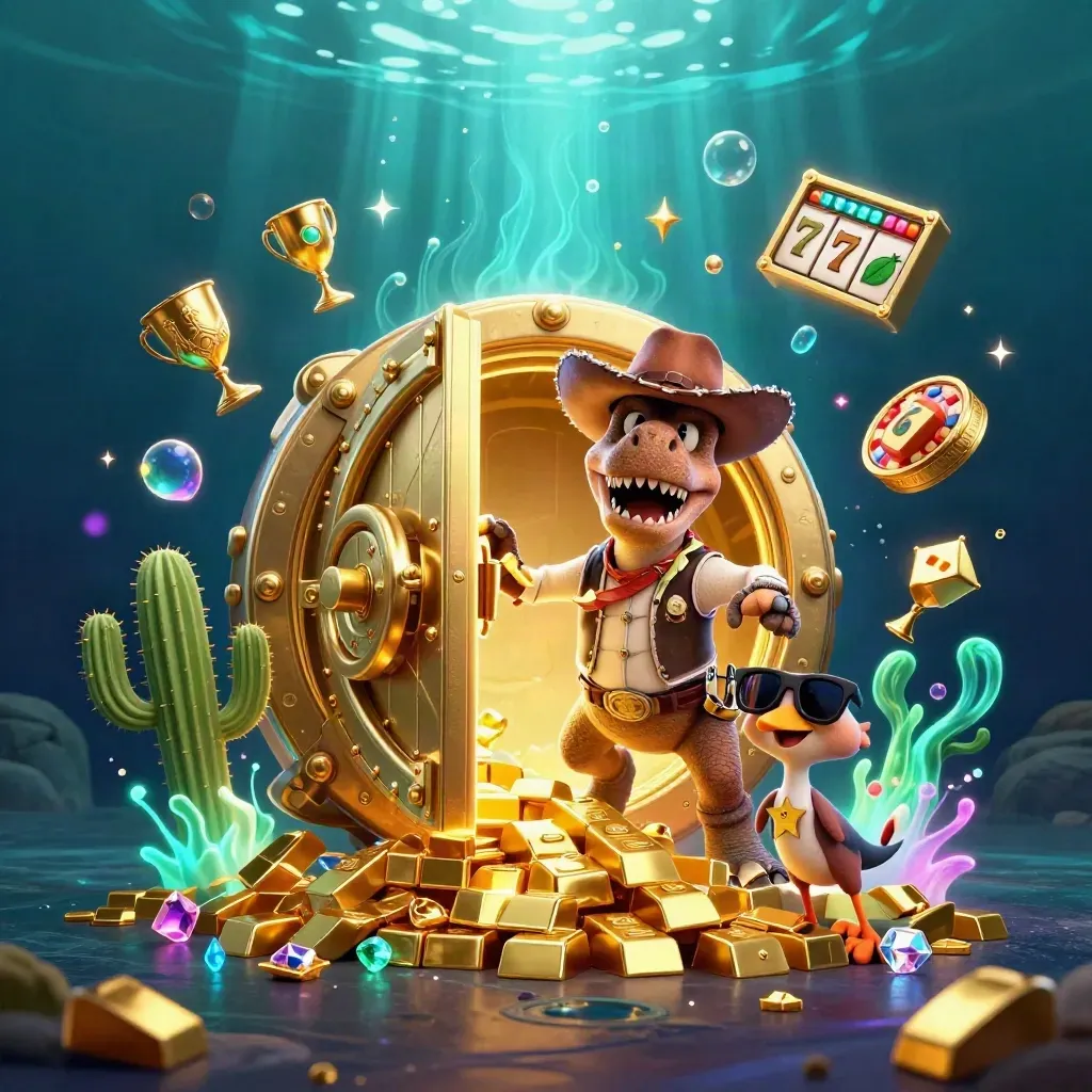Cowboy T-Rex, cactus, and roadrunner burst from a glowing gold vault underwater