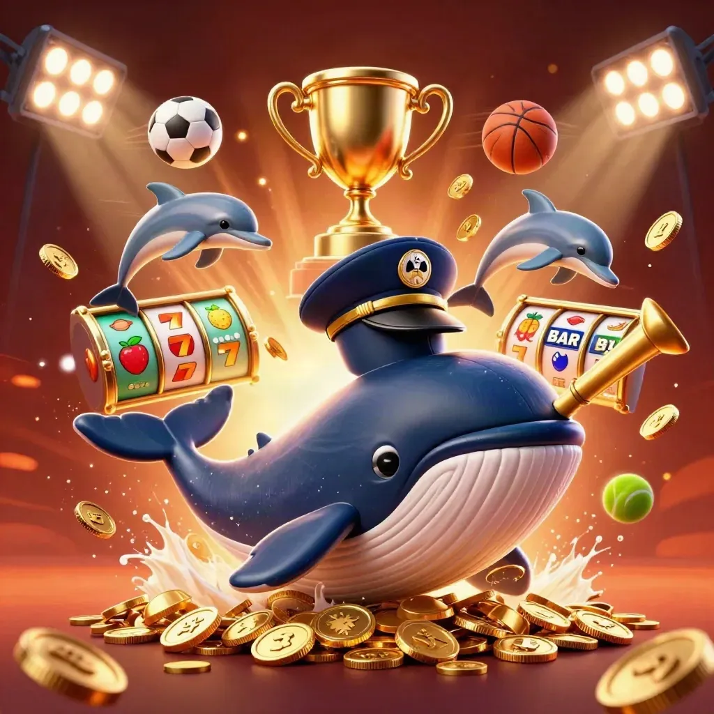 Whale captain, narwhal and dolphins burst through coins with casino effects on a fiery crimson background