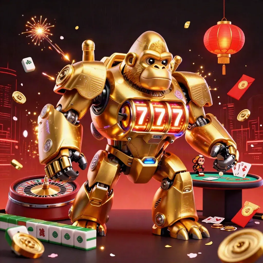 Golden gorilla mech with tiny monkey pilot amid reels, lanterns, coins, cards, sparks, and neon casino glow.